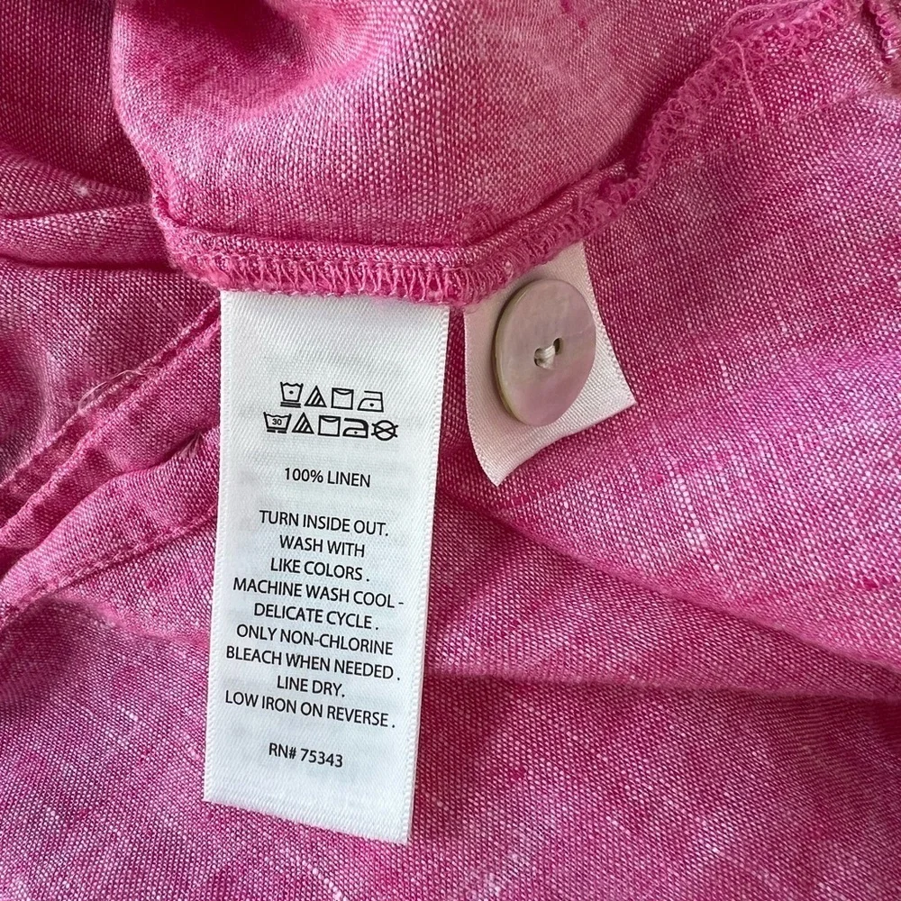 ST. TROPEZ WEST 100% Linen V-Neck Collared 3/4 Sleeve Blouse in Pink, size M